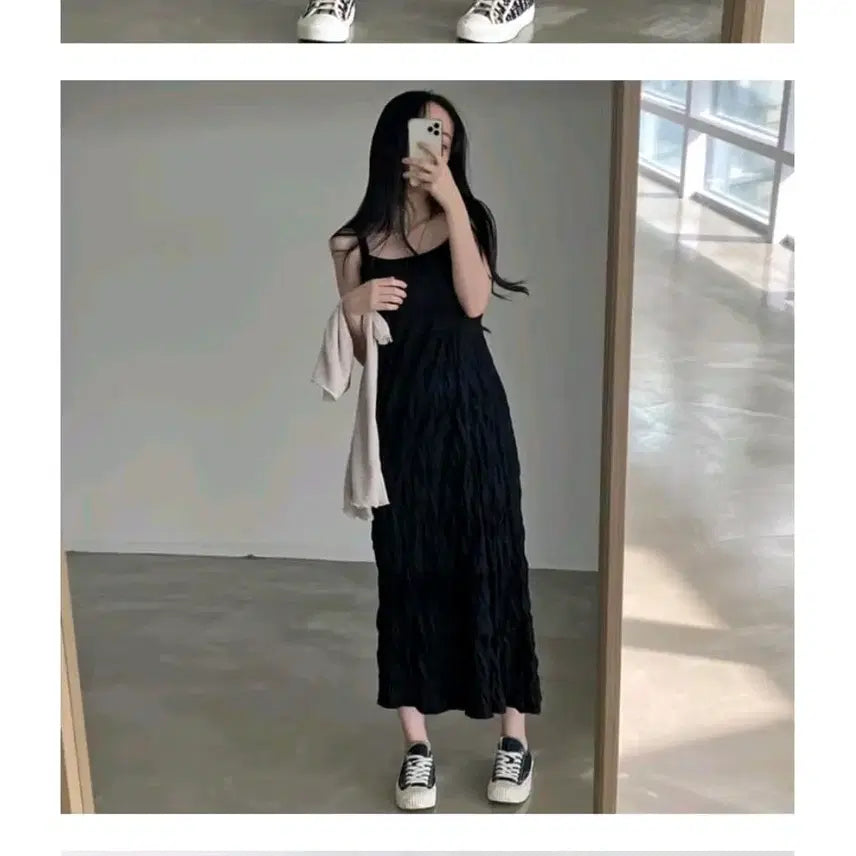 [BUNJANG] Victory Pleated Dress / 빅토리 나시 주름 원피스 (화이트/블랙)