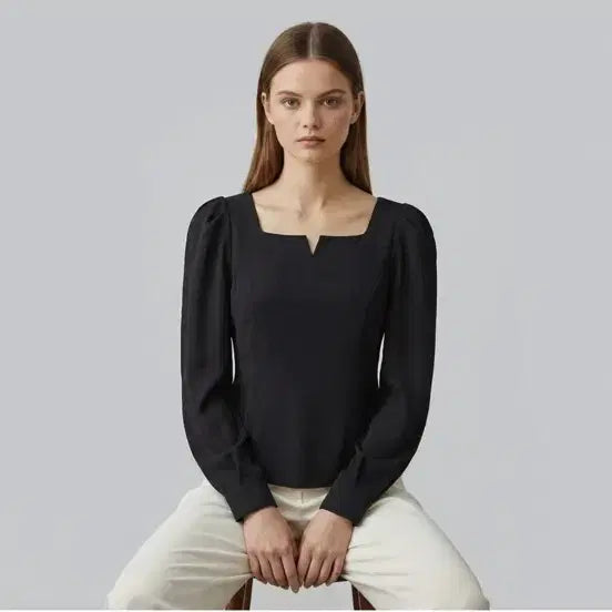 [BUNJANG] On &amp; On Black Square Neck Puff Sleeve Blouse Size 1 / 온앤온 블랙 스퀘어넥 퍼프 소매 블라우스 1