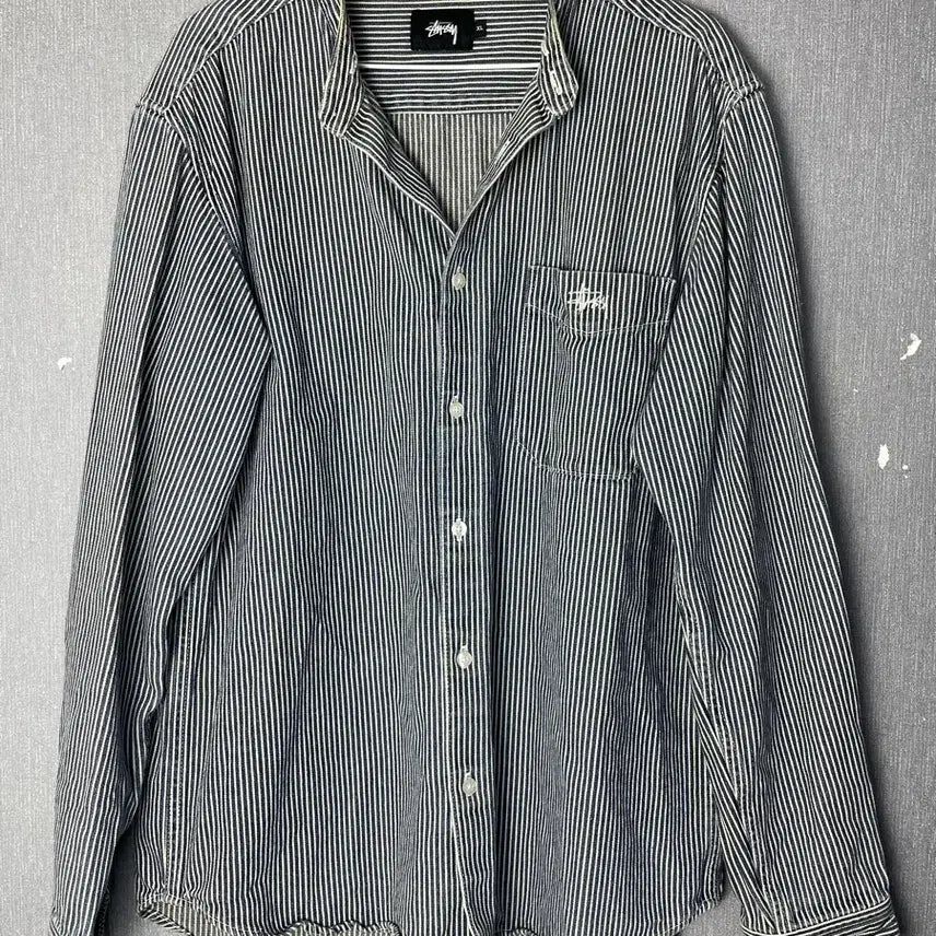 [BUNJANG] Stussy China Collar Striped Denim Shirt / [XL] 스투시 차이나카라 스트라이프 데님 셔츠