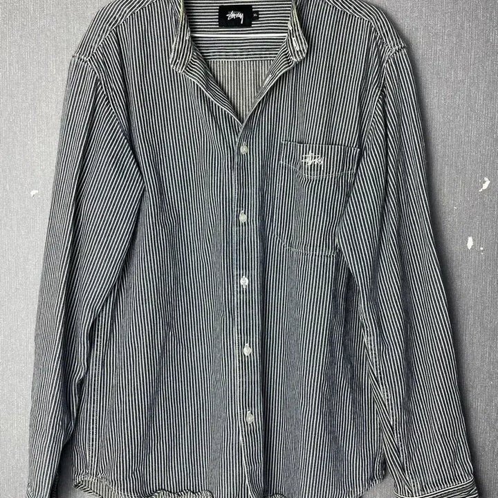 [BUNJANG] Stussy China Collar Striped Denim Shirt / [XL] 스투시 차이나카라 스트라이프 데님 셔츠