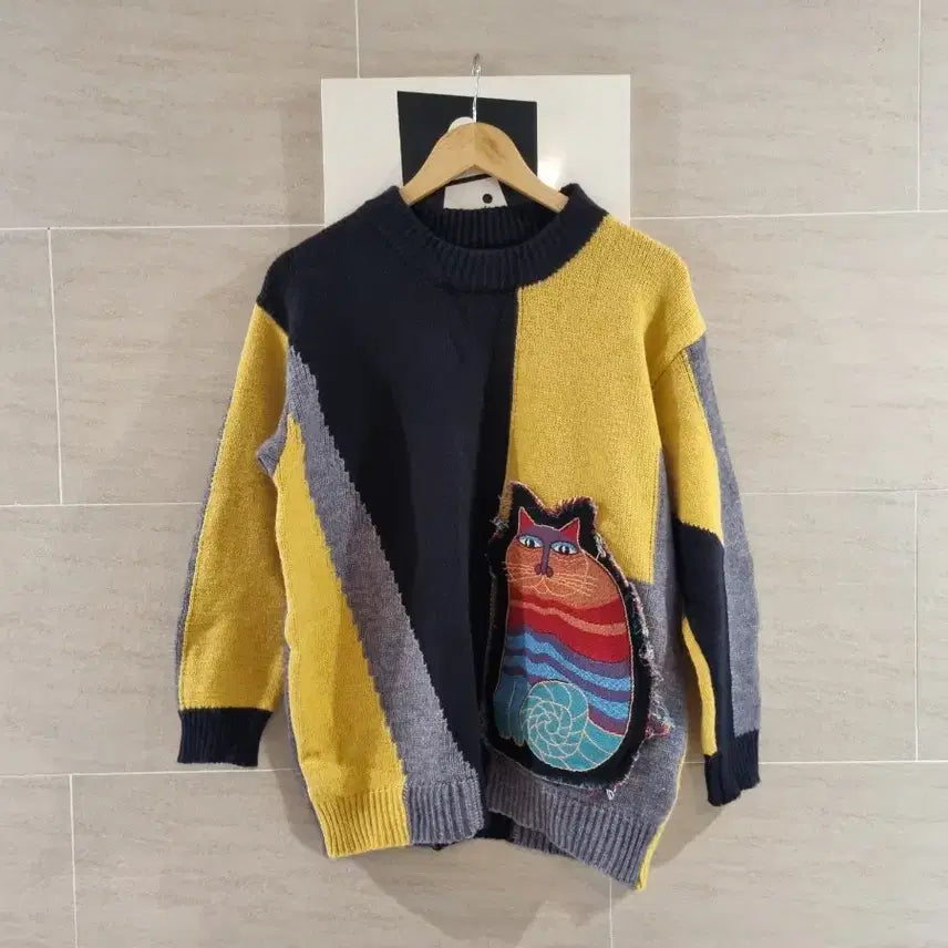 [BUNJANG] Cat Patchwork Knit Sweater / 고양이 패치워크 니트 스웨터