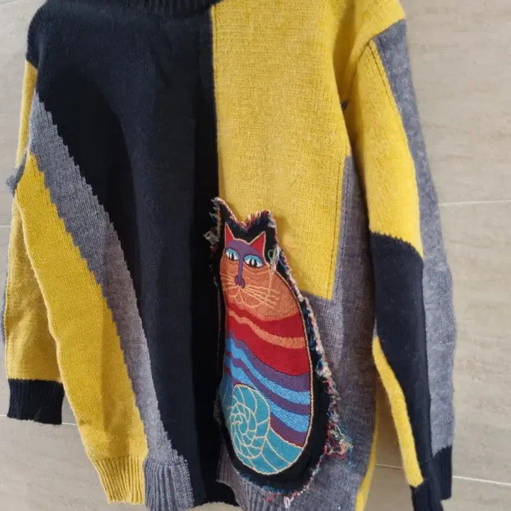 [BUNJANG] Cat Patchwork Knit Sweater / 고양이 패치워크 니트 스웨터