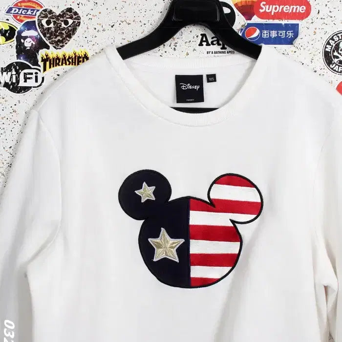 [BUNJANG] Mickey Mouse Graphic Print Sweatshirt / 남성105 / 성조기 미키 화이트 라운드맨투맨WT 28-2