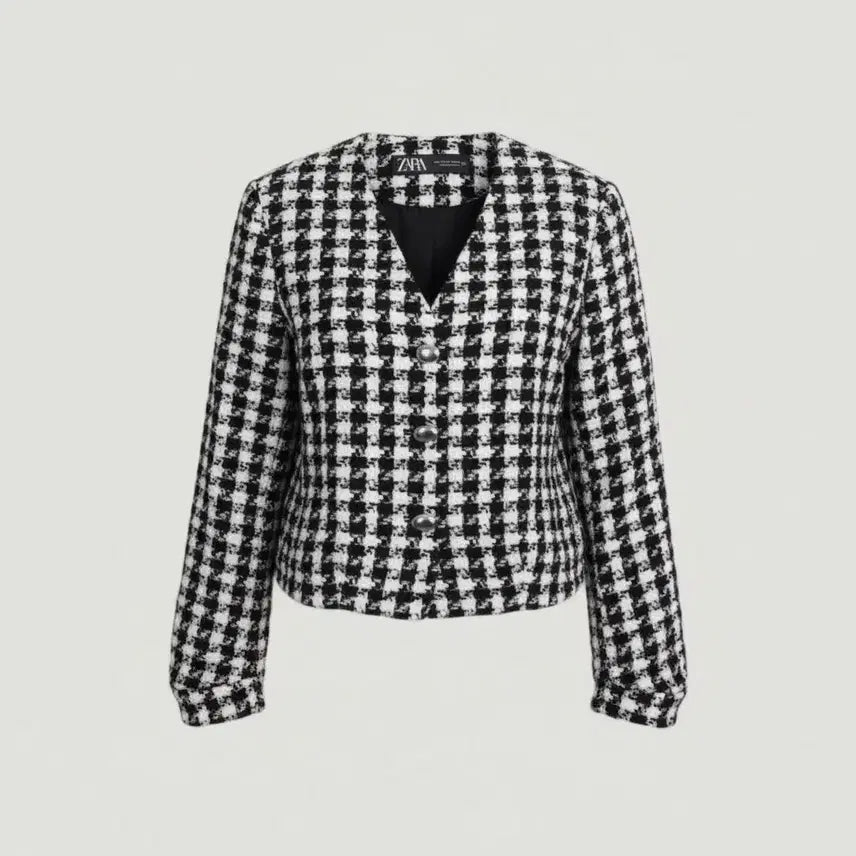 [BUNJANG] Zara Houndstooth V-neck Tweed Jacket BK / 여성S / 자라 하운드체크 브이넥 트위드자켓BK 28-11