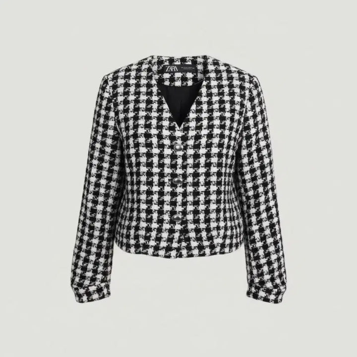 [BUNJANG] Zara Houndstooth V-neck Tweed Jacket BK / 여성S / 자라 하운드체크 브이넥 트위드자켓BK 28-11