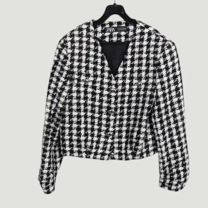 [BUNJANG] Zara Houndstooth V-neck Tweed Jacket BK / 여성S / 자라 하운드체크 브이넥 트위드자켓BK 28-11