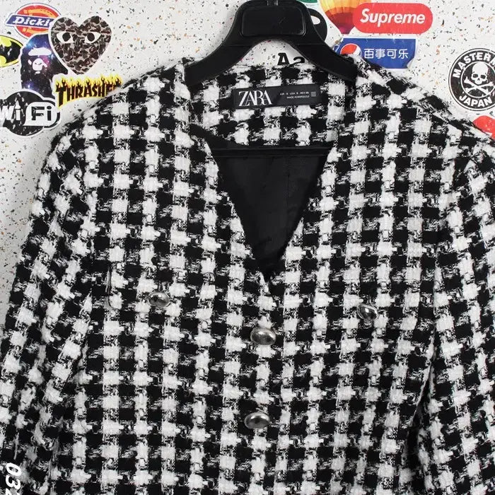 [BUNJANG] Zara Houndstooth V-neck Tweed Jacket BK / 여성S / 자라 하운드체크 브이넥 트위드자켓BK 28-11