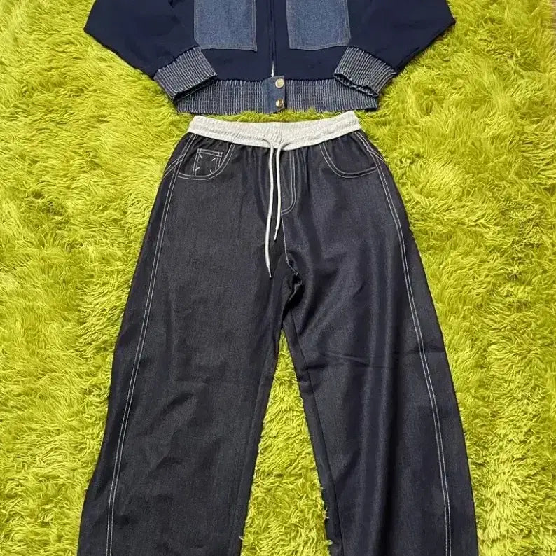 [BUNJANG] Raduna Navy Denim Two-Piece Set - Denim Knit Jacket &amp; Pants / 네이비데님투피스 제평자켓 라두나 수입세트 데님니트자켓드노르타