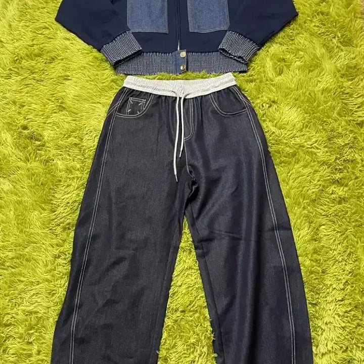 [BUNJANG] Raduna Navy Denim Two-Piece Set - Denim Knit Jacket &amp; Pants / 네이비데님투피스 제평자켓 라두나 수입세트 데님니트자켓드노르타