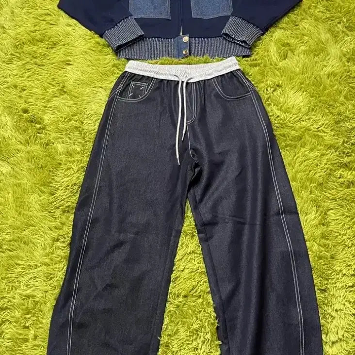 [BUNJANG] Raduna Navy Denim Two-Piece Set - Denim Knit Jacket &amp; Pants / 네이비데님투피스 제평자켓 라두나 수입세트 데님니트자켓드노르타