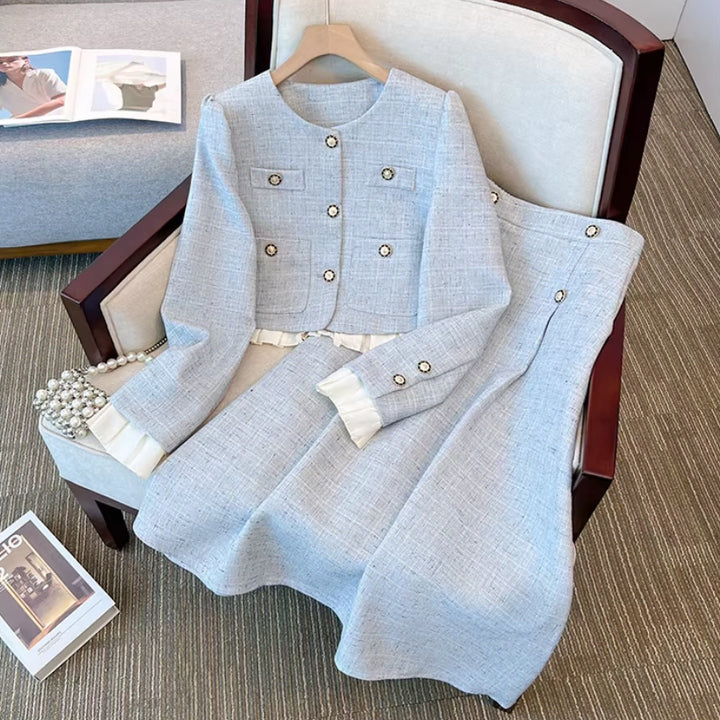 [BUNJANG] Big Size Tweed Jacket and Skirt Two-Piece Set / 44-88 빅사이즈 트위드 자켓 뒷밴딩 스커트 투피스 세트 하객 결혼식