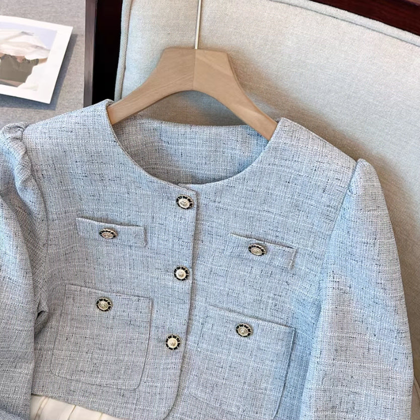 [BUNJANG] Big Size Tweed Jacket and Skirt Two-Piece Set / 44-88 빅사이즈 트위드 자켓 뒷밴딩 스커트 투피스 세트 하객 결혼식