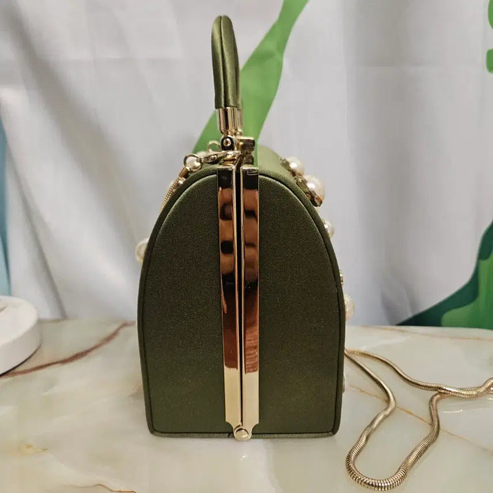 [BUNJANG] ZARA Olive Green Pearl Embellished Chain Tote Bag / 자라 올리브 그린 진주 장식 체인 토트백