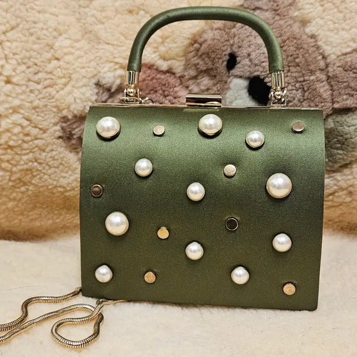 [BUNJANG] ZARA Olive Green Pearl Embellished Chain Tote Bag / 자라 올리브 그린 진주 장식 체인 토트백