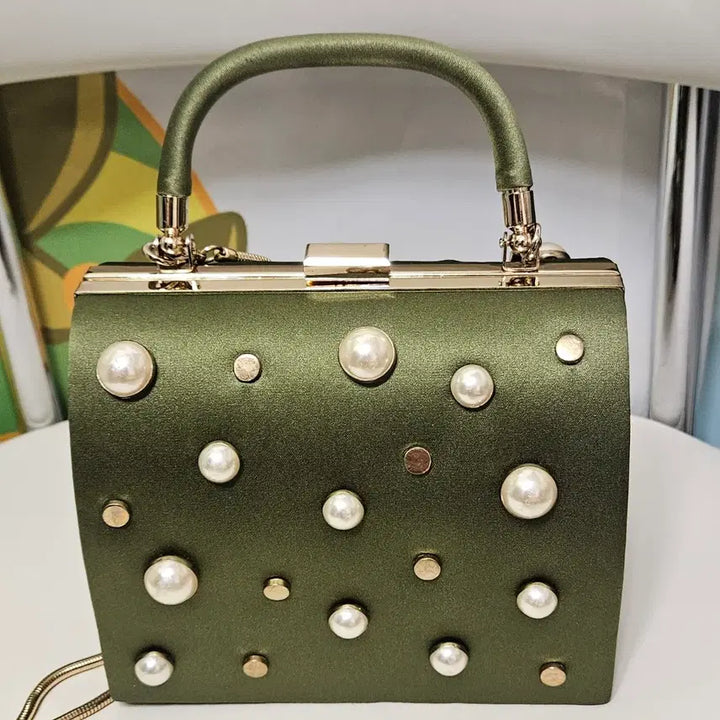 [BUNJANG] ZARA Olive Green Pearl Embellished Chain Tote Bag / 자라 올리브 그린 진주 장식 체인 토트백