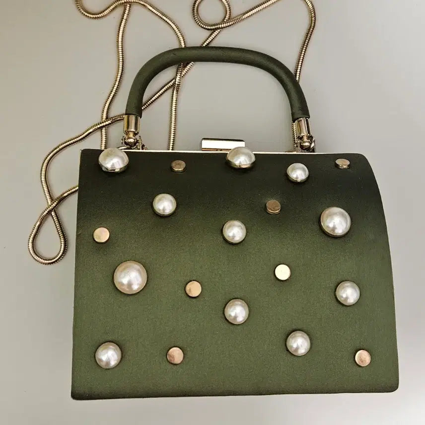 [BUNJANG] ZARA Olive Green Pearl Embellished Chain Tote Bag / 자라 올리브 그린 진주 장식 체인 토트백