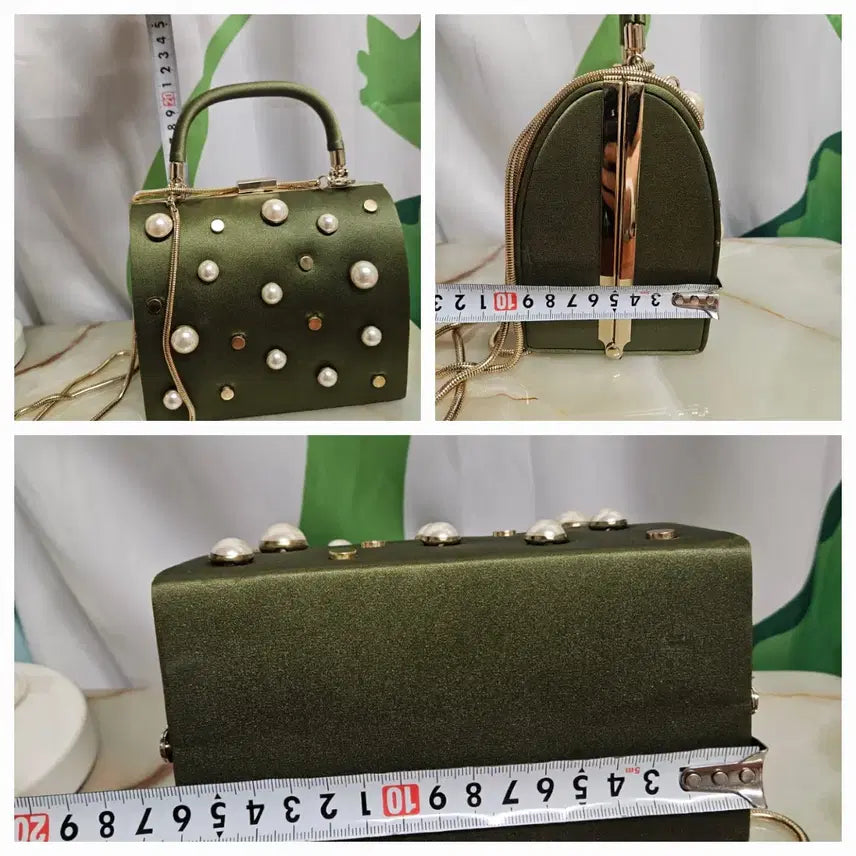 [BUNJANG] ZARA Olive Green Pearl Embellished Chain Tote Bag / 자라 올리브 그린 진주 장식 체인 토트백