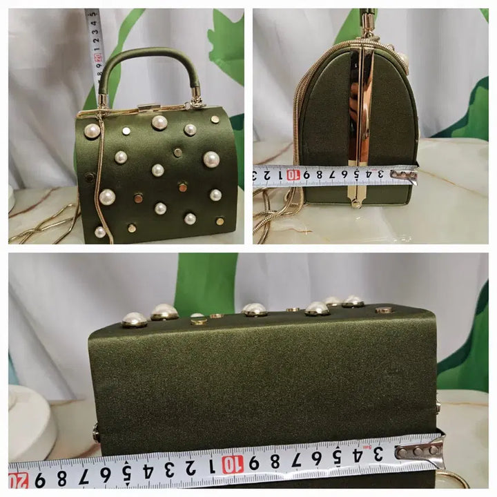 [BUNJANG] ZARA Olive Green Pearl Embellished Chain Tote Bag / 자라 올리브 그린 진주 장식 체인 토트백