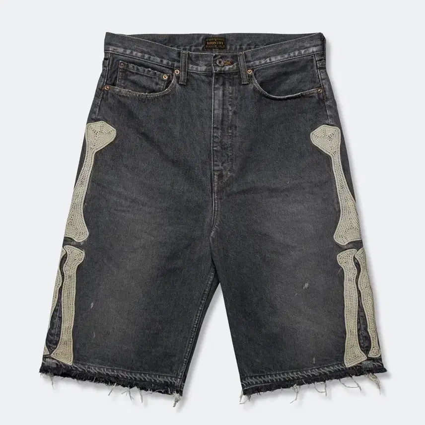 [BUNJANG] Kapital 14oz Bone Embroidery Short Pants Black 38 / 캐피탈 14온즈 데님 5P 본 자수 숏 팬츠 블랙 38사이즈