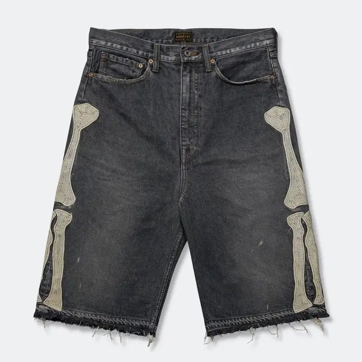 [BUNJANG] Kapital 14oz Bone Embroidery Short Pants Black 38 / 캐피탈 14온즈 데님 5P 본 자수 숏 팬츠 블랙 38사이즈