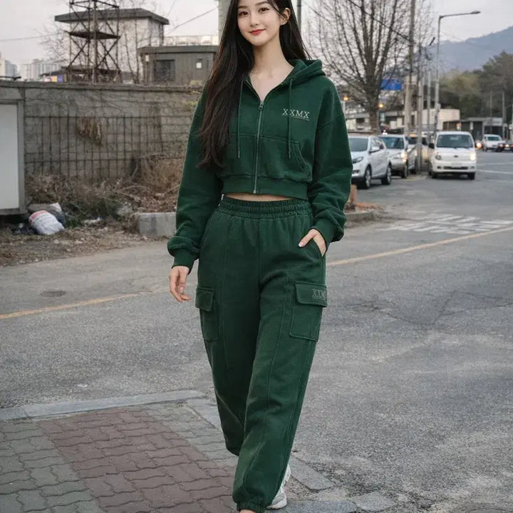 [BUNJANG] Xexymix Warm Cotton Crop Hooded Zip-up &amp; Pants Training Set / [여자-90]젝시믹스 웜 코튼 크롭 후드집업 &amp; 팬츠 트레이닝 세트