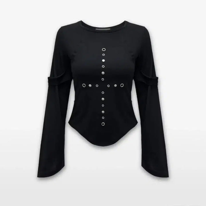 [BUNJANG] 0104 Black Cross Embellished Long Sleeve T-shirt / 공일공사 블랙 십자가 장식 롱 슬리브 티셔츠
