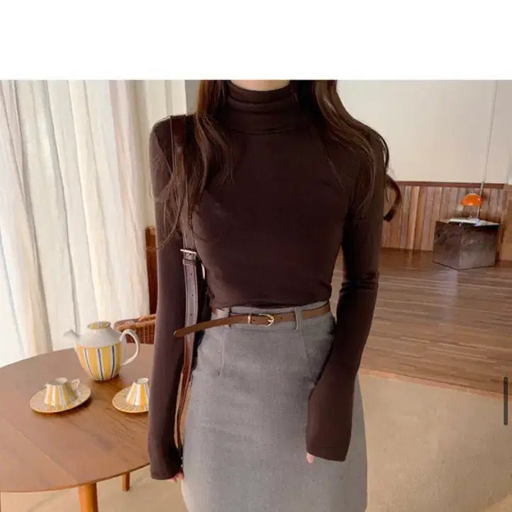 [BUNJANG] FABB Pola T-shirt Long Sleeve (Pink/Brown) / 퍼빗 폴라티 연핑크, 브라운 2가지 색상 목폴라티 폴라티 긴팔티셔츠 긴팔