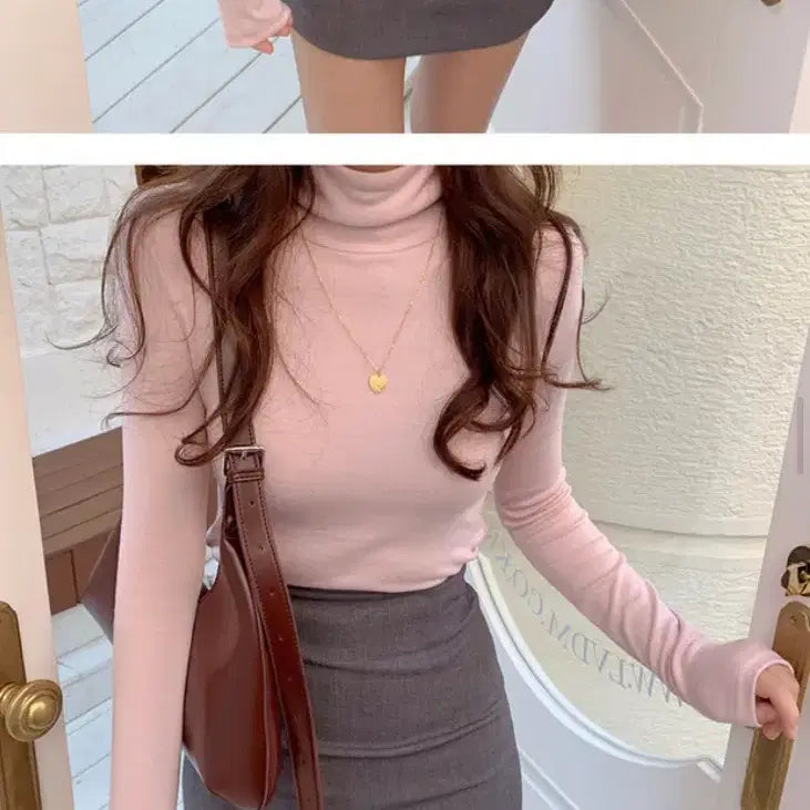 [BUNJANG] FABB Pola T-shirt Long Sleeve (Pink/Brown) / 퍼빗 폴라티 연핑크, 브라운 2가지 색상 목폴라티 폴라티 긴팔티셔츠 긴팔