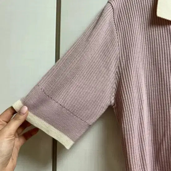 [BUNJANG] Colorblock Short Sleeve Knit Pink / 에이블리 배색 반팔 니트 핑크