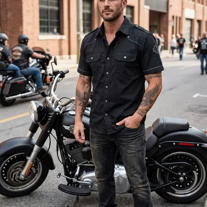 [BUNJANG] Harley-Davidson Embroidered Ripstop Short Sleeve Work Shirt / 할리데이비슨 정품 립스탑 자수 반팔 워크 셔츠