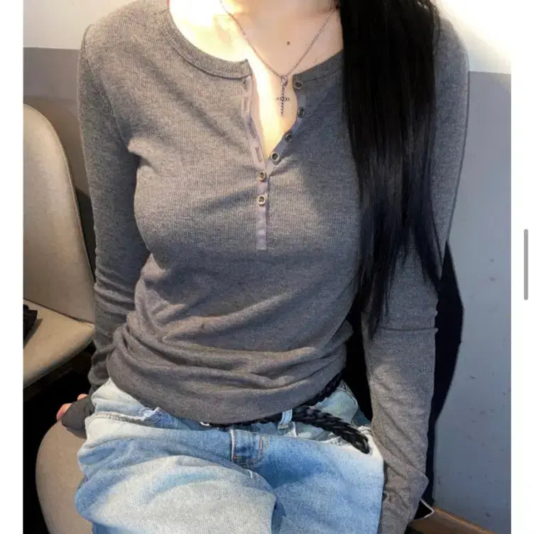 [BUNJANG] Iziz Ray Soft Button T - Mélange Gray (Unworn) / 이즈이즈 Ray Soft Button T 멜란지그레이 미착용