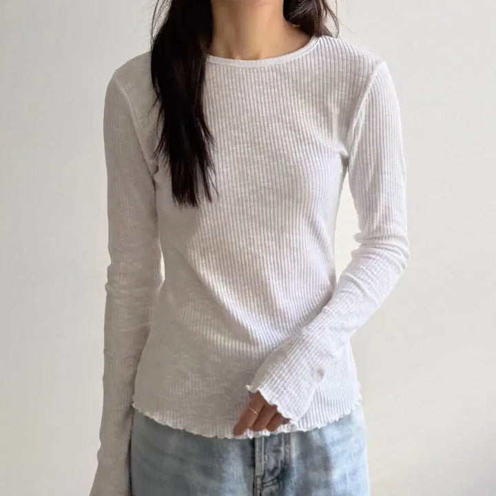 [BUNJANG] White Ribbed Wave Slim T-Shirt / 화이트 골지 물결 슬림 티셔츠