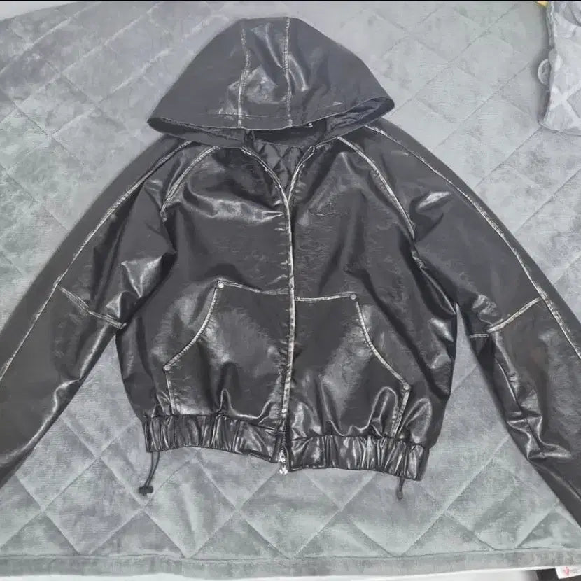 [BUNJANG] Not for Nerds Cropped Leather Hooded Jacket / 낫포너드 크롭 래더 후드 가죽자켓