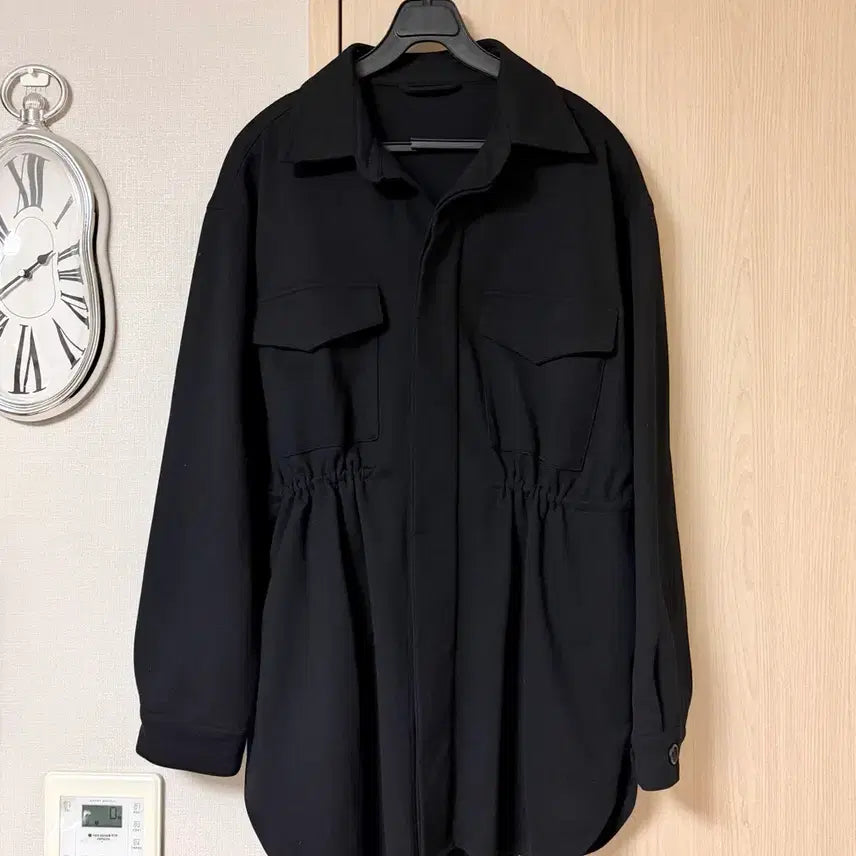 [BUNJANG] Andar Wool-Like Stretch Shacket Fleece Black Jacket / 안다르 울라이크 스트레치 셔켓 스트링 플리스 블랙 야상 셔츠 자켓
