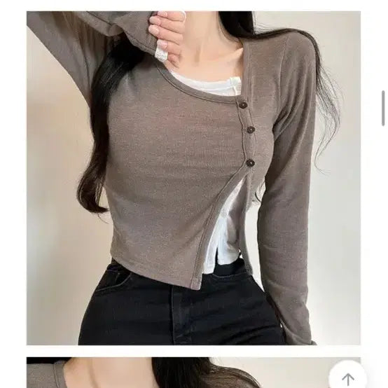 [BUNJANG] Layered Button Crop Cardigan (Moca) / [새상품급인데 반값] 레이어드 버튼단추 스판 크롭 언발 긴팔 가디건 모카