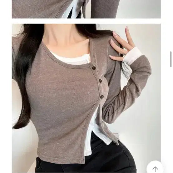 [BUNJANG] Layered Button Crop Cardigan (Moca) / [새상품급인데 반값] 레이어드 버튼단추 스판 크롭 언발 긴팔 가디건 모카