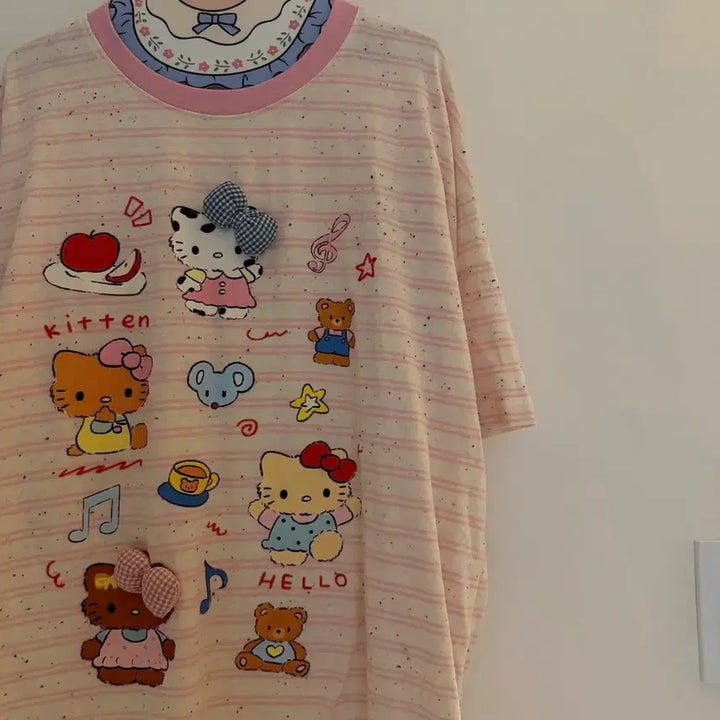 [BUNJANG] Kitty Pink Striped Short Sleeve T-shirt / 키티 스트라이프 핑크 반팔티 빈티지