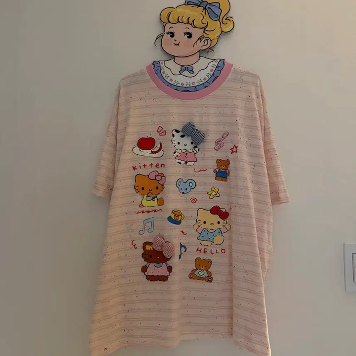 [BUNJANG] Kitty Pink Striped Short Sleeve T-shirt / 키티 스트라이프 핑크 반팔티 빈티지