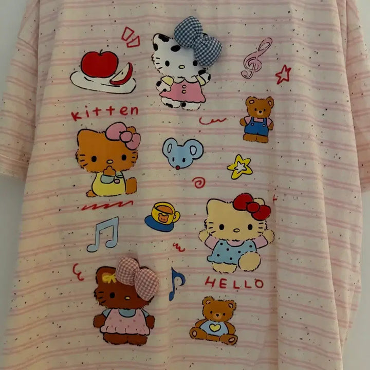 [BUNJANG] Kitty Pink Striped Short Sleeve T-shirt / 키티 스트라이프 핑크 반팔티 빈티지