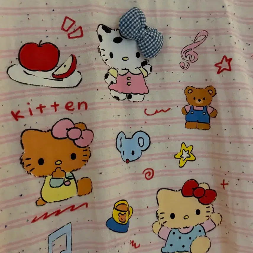 [BUNJANG] Kitty Pink Striped Short Sleeve T-shirt / 키티 스트라이프 핑크 반팔티 빈티지
