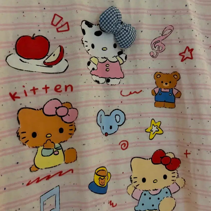 [BUNJANG] Kitty Pink Striped Short Sleeve T-shirt / 키티 스트라이프 핑크 반팔티 빈티지