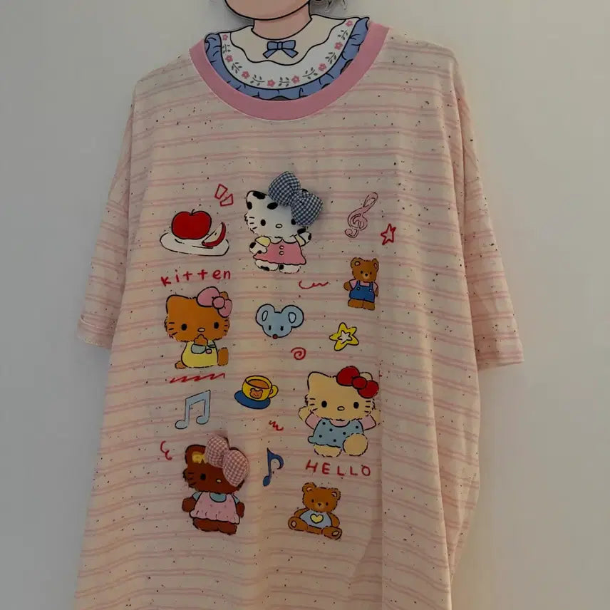 [BUNJANG] Kitty Pink Striped Short Sleeve T-shirt / 키티 스트라이프 핑크 반팔티 빈티지