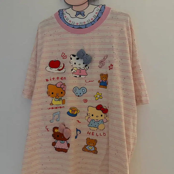 [BUNJANG] Kitty Pink Striped Short Sleeve T-shirt / 키티 스트라이프 핑크 반팔티 빈티지