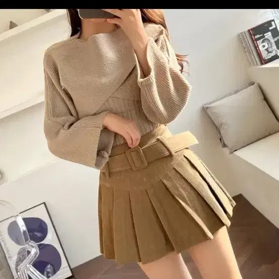 [BUNJANG] Corduroy Mini Tennis Skirt / [새상품인데 반값] 코듀로이 골덴 벨트 테니스 미니 스커트 베이지