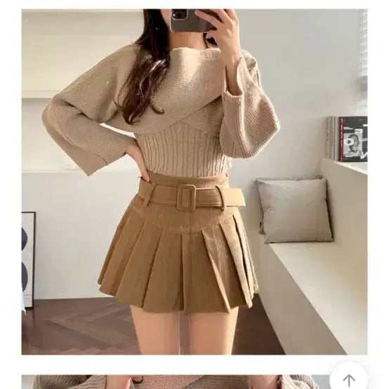 [BUNJANG] Corduroy Mini Tennis Skirt / [새상품인데 반값] 코듀로이 골덴 벨트 테니스 미니 스커트 베이지