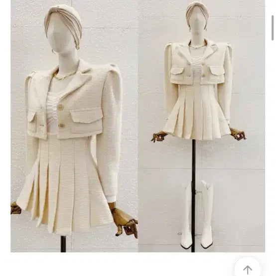 [BUNJANG] Tweed Jacket &amp; Pleated Skirt Set - Light Beige / [새상품급인데 반값] 트위드 자켓 + 플리츠 스커트 세트 연베이지