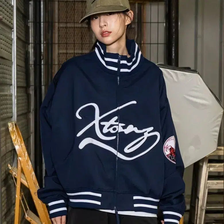 [BUNJANG] XTONZ Vartan Oversized Stadium Jacket - Navy L / 엑스톤즈 바르탄 오버핏 스타디움 자켓 네이비 L