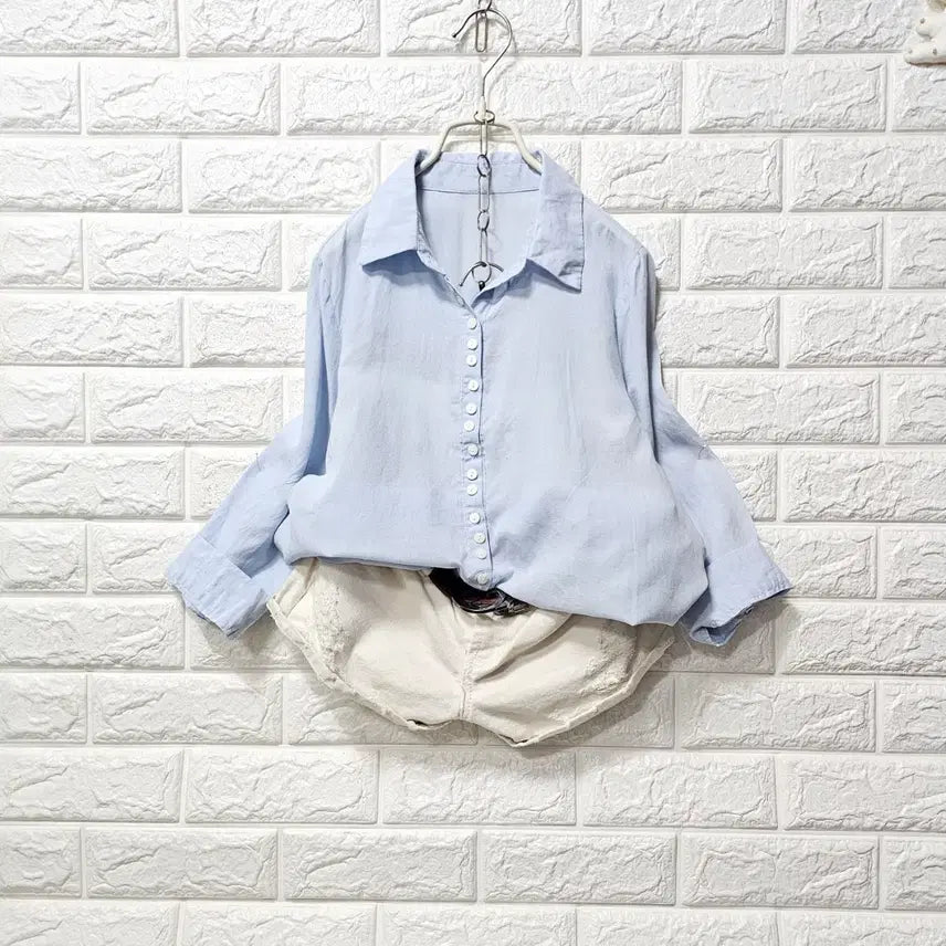 [BUNJANG] Linen Seven-Quarter Sleeve Shirt - Sky Blue / 칠부소매 티셧