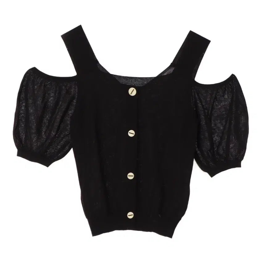 [BUNJANG] DEWL Black Knit Short Sleeve Button Detail Top / 듀엘 블랙 니트반팔