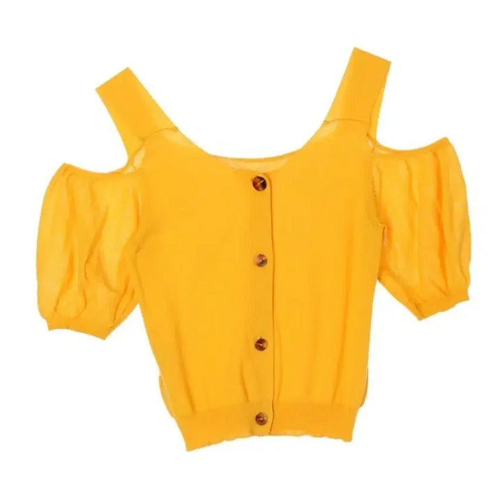 [BUNJANG] DEWL Yellow Shoulder Slit Short-Sleeve Knit Top / 듀엘 옐로우 숄더 트임 반팔 니트반팔